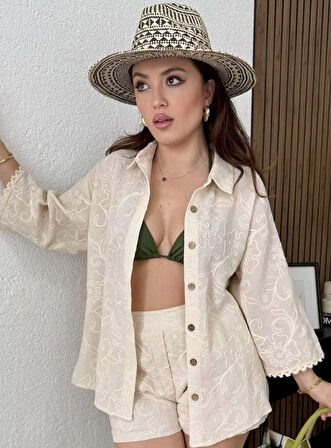 Kadın Taş Rengi Nakış Detaylı Özel Tasarım Oversize Gömlek Truvakar Kol Yazlık