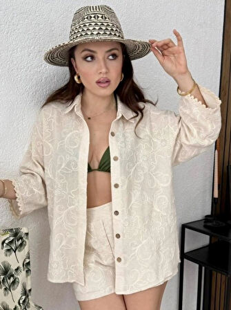 Kadın Taş Rengi Nakış Detaylı Özel Tasarım Oversize Gömlek Truvakar Kol Yazlık