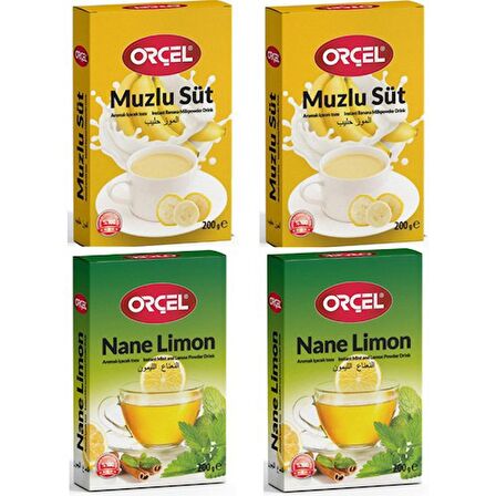 Orçel 2 Muzlu Süt + 2 Nane Limon (Mentollü) Aromalı İçecek Tozu Oralet Çay 4x200gr.