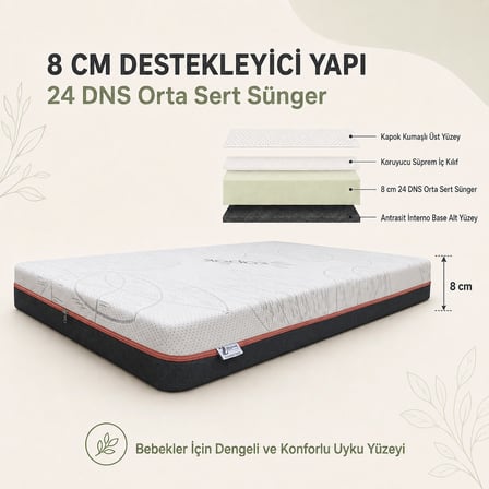 BABY NATURE Sünger Bebek ve Çocuk Yatağı | Fermuarlı Yıkanabilir Kılıf | Beşik ve Park Yatak | 8 cm