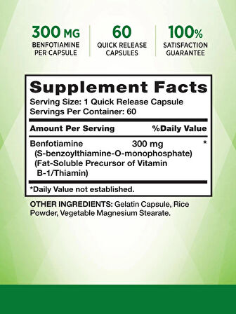Nature's Truth Benfotiamine 300 mg 60 Kapsul Vitamin B1 Precursor Enhanced Absorption