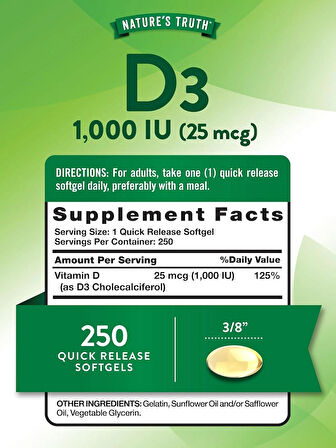 Nature's Truth, High Potency Vitamin D3, 25 mcg (1000 IU), 250 Quick Softgels