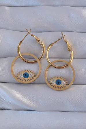 316L Çelik Gold Renk Zirkon Taşlı Mavi Göz Tasarımlı Halka Küpe TJ-BKP9161