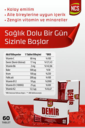 Demir Glisinat Vitamin D3 K2 Folik Asit Complex 60 Tablet Bisglisinat