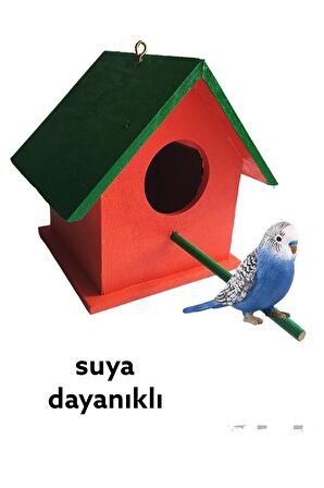 Ahşap Kuş Yuvası Dış Mekan Suya Dayanıklı Turuncu Yeşil 14x14x19 Cm