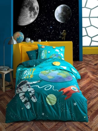 Cotton Box Genç Ranforce Nevresim Takımı Tek Kişilik Little Astronaut Turkuaz