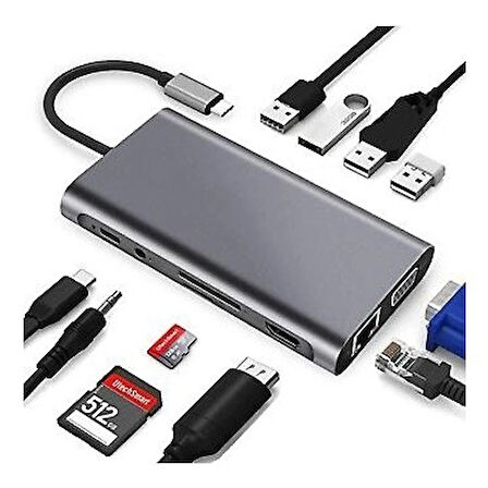TYPE-C den HDTV ye çevirici 11'i 1 arada 11 in1 TYPE-C HUB 11 in 1 TYPE-C - HDMI+USB3.0x4+RJ45  Kingboss 