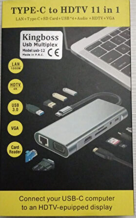 TYPE-C den HDTV ye çevirici 11'i 1 arada 11 in1 TYPE-C HUB 11 in 1 TYPE-C - HDMI+USB3.0x4+RJ45  Kingboss 