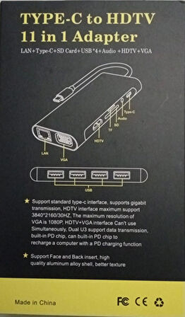 TYPE-C den HDTV ye çevirici 11'i 1 arada 11 in1 TYPE-C HUB 11 in 1 TYPE-C - HDMI+USB3.0x4+RJ45  Kingboss 