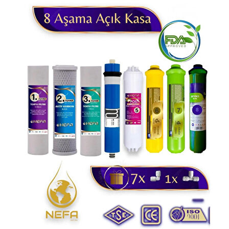 Nefa Tüm Açık Kasalar İçin Uyumlu 8 Aşamalı Filtre Seti, Detox, Mineral,Alkalin Destekli, 80 Gpd Membran