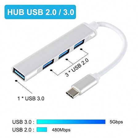 Type-C To USB 3.0 4 Port Çoklayıcı Hub Aluminyum Slim Kasa