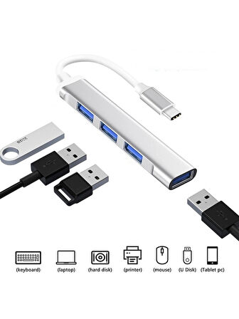Type-C To USB 3.0 4 Port Çoklayıcı Hub Aluminyum Slim Kasa