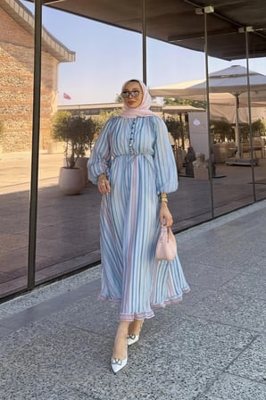 Nelia Düğme Detaylı Balon Kol Tesettür Elbise