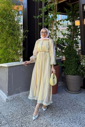 Nelia Düğme Detaylı Balon Kol Tesettür Elbise