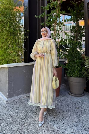Nelia Düğme Detaylı Balon Kol Tesettür Elbise