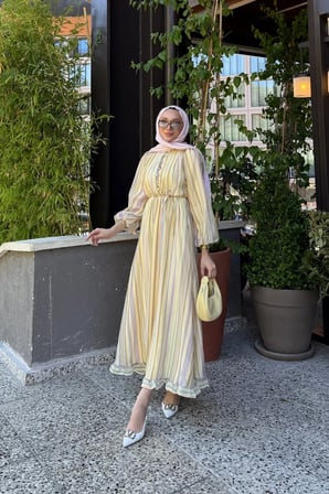 Nelia Düğme Detaylı Balon Kol Tesettür Elbise