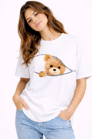 Nevermind Fermuarlı Ayıcık Baskılı Kadın Tişört Oversize Sevimli Teddy Bear Baskılı Tişört