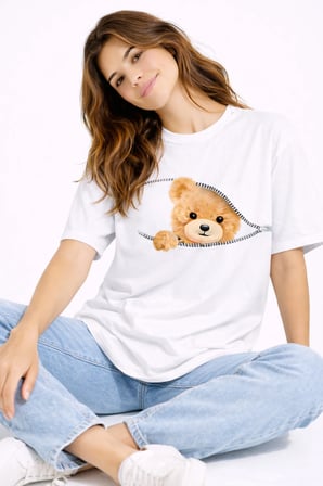 Nevermind Fermuarlı Ayıcık Baskılı Kadın Tişört Oversize Sevimli Teddy Bear Baskılı Tişört