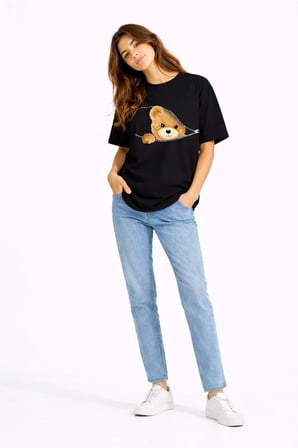 Nevermind Fermuarlı Ayıcık Baskılı Kadın Tişört Oversize Sevimli Teddy Bear Baskılı Tişört