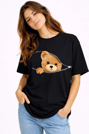 Nevermind Fermuarlı Ayıcık Baskılı Kadın Tişört Oversize Sevimli Teddy Bear Baskılı Tişört