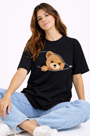 Nevermind Fermuarlı Ayıcık Baskılı Kadın Tişört Oversize Sevimli Teddy Bear Baskılı Tişört