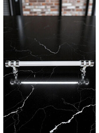 Nesli Alüminyum Metal Lüks Modern Mobilya Çekmece Mutfak Dolabı Kulpu Beyaz-Krom 128mm (10 Adet)