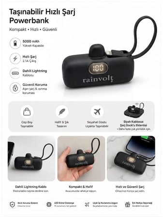 Rainvolt Mini Kapsül Powerbank – LED Dijital Göstergeli & Dahili Kablolu Taşınabilir Şarj Cihazı