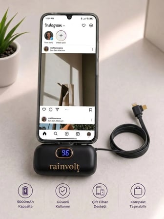 Rainvolt Mini Kapsül Powerbank – LED Dijital Göstergeli & Dahili Kablolu Taşınabilir Şarj Cihazı