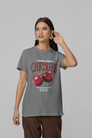 nevermind unisex erkek/kadın cherries özel baskılı oversize pamuklu bisiklet yaka tişört