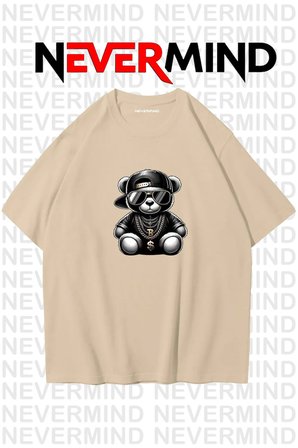 Nevermind Erkek Oversize Bej Tişört Hip Hop Ayı Baskılı Sokak Modası Stil