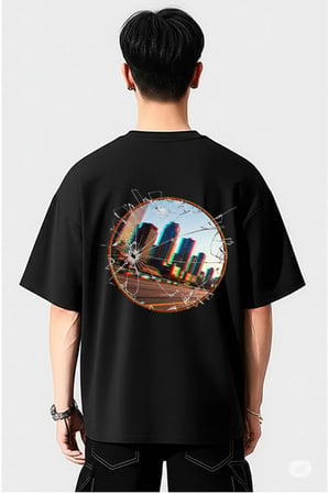 Nevermind Unisex Oversize Tişört Ön Yazı ve Arka Şehir Manzaralı Kırık Cam Baskı