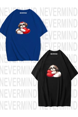 Sevgili Kombini Sevimli Köpek ve Kalp Baskılı Oversize Unisex Çift Tişörtü