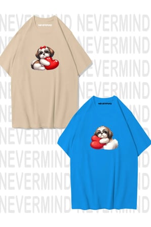 Nevermind Sevgili Kombini Sevimli Köpek ve Kalp Baskılı Oversize Unisex Çift Tişörtü