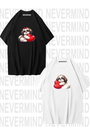 Nevermind Sevgili Kombini Sevimli Köpek ve Kalp Baskılı Oversize Unisex Çift Tişörtü