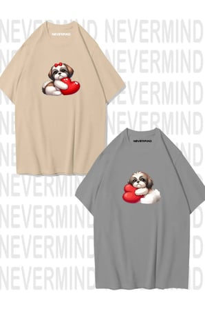 Nevermind Sevgili Kombini Sevimli Köpek ve Kalp Baskılı Oversize Unisex Çift Tişörtü