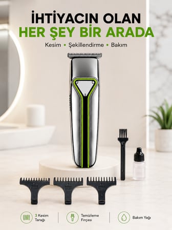 Profesyonel Saç Sakal Tıraş Makinesi T Bıçaklı Şarjlı Kablosuz 3 Taraklı Erkek Bakım Seti