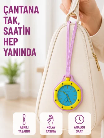 Anahtarlık Çanta Charmı Askılı Analog Dekoratif Saat Pembe