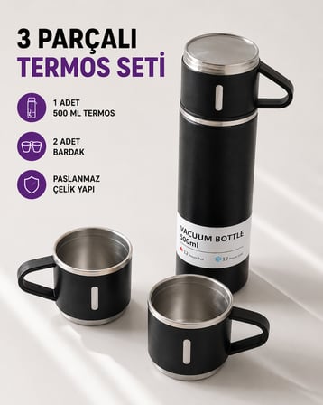 Çelik Termos Bardak Seti | 500 ml Kapasite, Kaymaz Taban, Hediye Kutulu