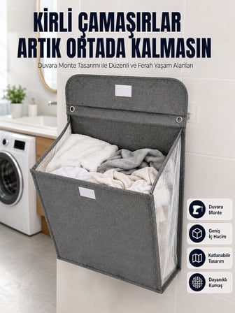 Banyo ve Çamaşır Odası İçin Duvara Asılan Katlanabilir Çamaşır Sepeti