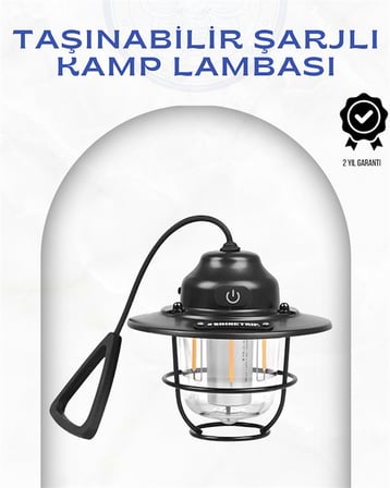 Geometrik Tasarımlı Vintage Kamp Lambası – Type-C Şarj, Ayarlanabilir Parlaklık