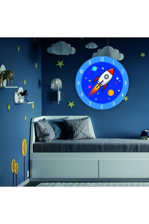 Çocuk Odası Duvar Saati / Roket Uzay Temalı Duvar Saati / Dijital Duvar Saati / Uv Baskılı / 48 Cm