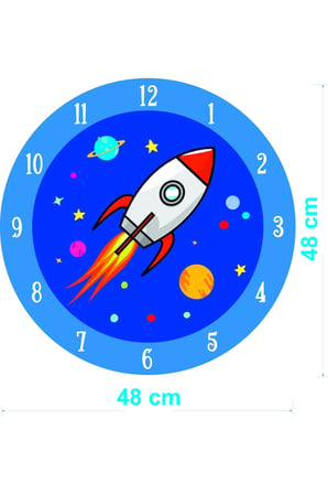 Çocuk Odası Duvar Saati / Roket Uzay Temalı Duvar Saati / Dijital Duvar Saati / Uv Baskılı / 48 Cm