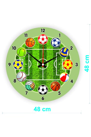 Çocuk Odası Duvar Saati / Spor Topları  Temalı Duvar Saati / Uv Baskılı / 48 Cm