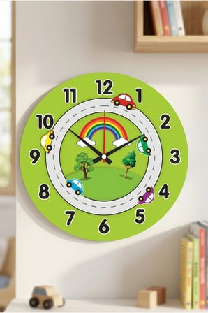 Çocuk Odası Duvar Saati / Trafik Temalı Yeşil Temalı Duvar Saati / Uv Baskılı / 48 Cm