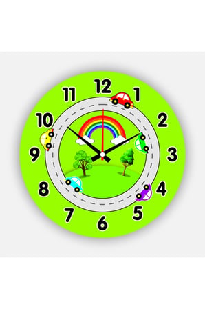 Çocuk Odası Duvar Saati / Trafik Temalı Yeşil Temalı Duvar Saati / Uv Baskılı / 48 Cm