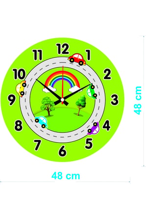 Çocuk Odası Duvar Saati / Trafik Temalı Yeşil Temalı Duvar Saati / Uv Baskılı / 48 Cm