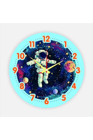 Çocuk Odası Duvar Saati / Astronot Uzay Temalı Duvar Saati / Uv Baskılı / 48 Cm