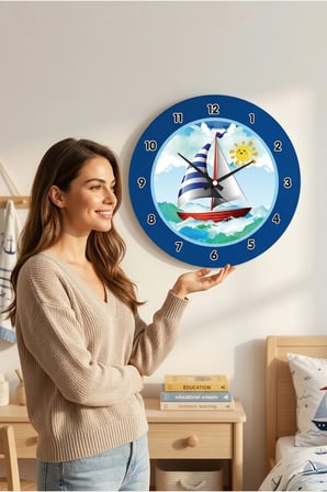 Çocuk Odası Duvar Saati / Gemi ve Deniz Mavi Temalı Duvar Saati / Uv Baskılı / 48 Cm