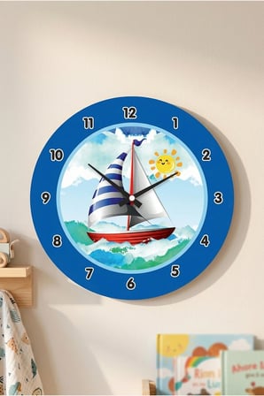 Çocuk Odası Duvar Saati / Gemi ve Deniz Mavi Temalı Duvar Saati / Uv Baskılı / 48 Cm
