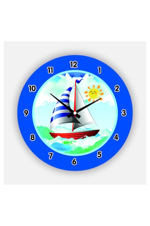Çocuk Odası Duvar Saati / Gemi ve Deniz Mavi Temalı Duvar Saati / Uv Baskılı / 48 Cm